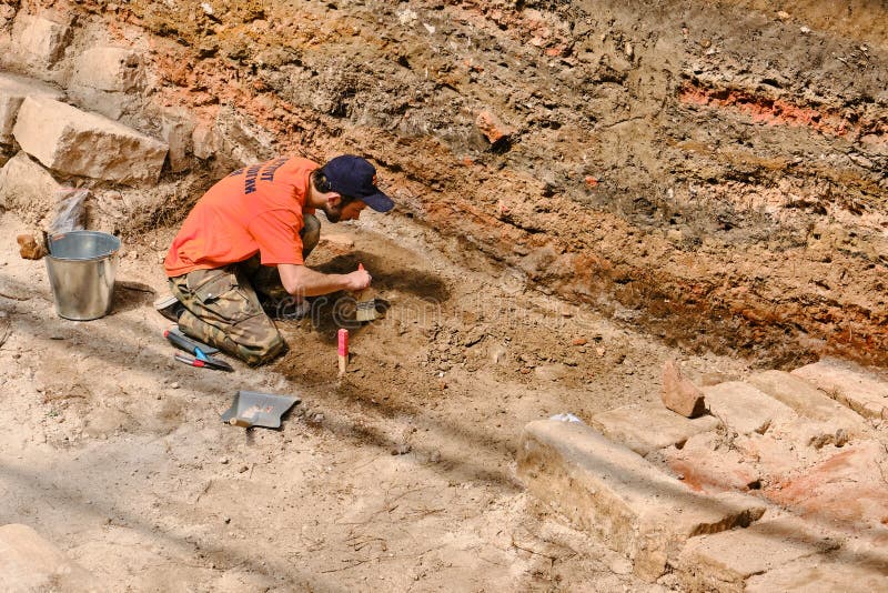 Archaeologist excavates the building on the territory of the Kremlin - Moscow, Russia, June 21 2019. Archaeologist excavates the building on the territory of the Kremlin - Moscow, Russia, June 21 2019.