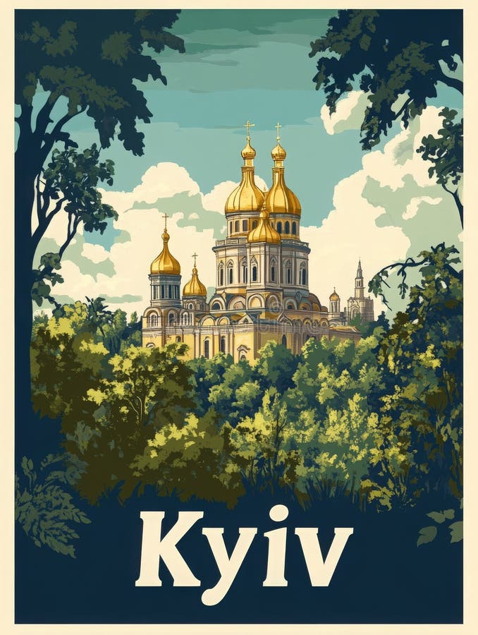 архитектурная красота киева с золотыми куполами в окружении пышной зелени бесплатная иллюстрация