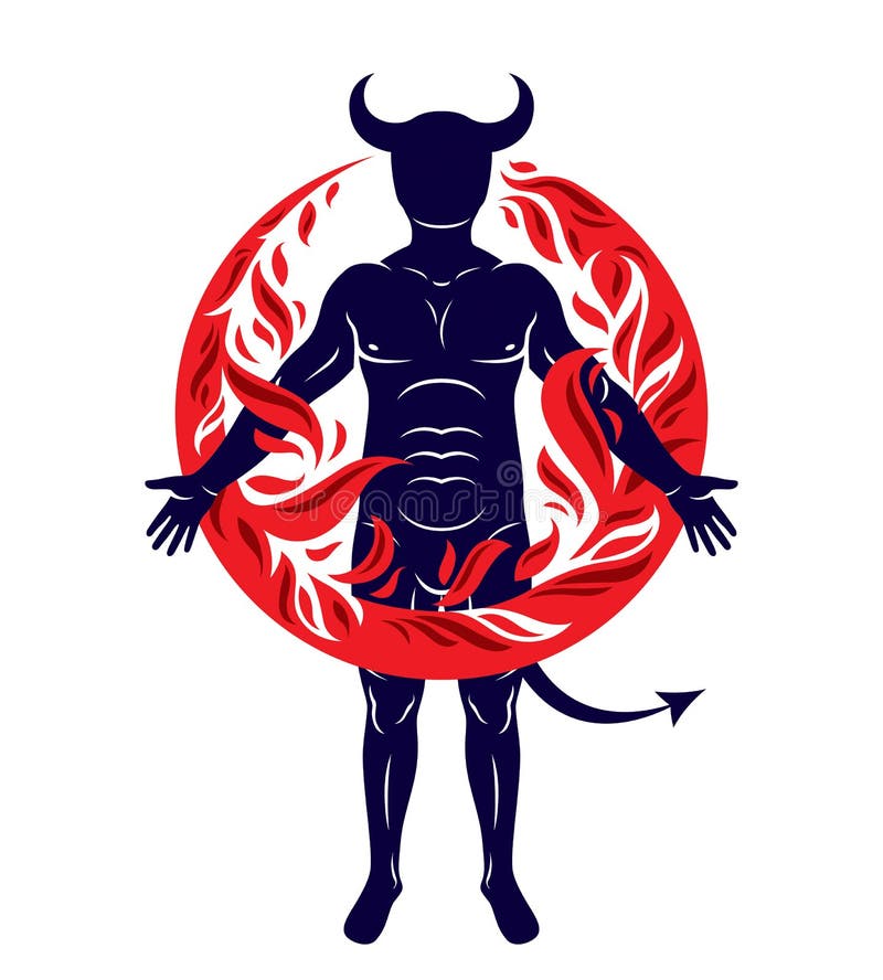 Атлетический horned человек окруженный файрболом Вектор Illustratio иллюстрация штока