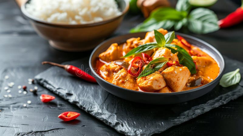 аутентичное тайское карри с курицей и красным перцем чили представлены в черной подаваемой миске. острый и ароматный стоковая фотография rf