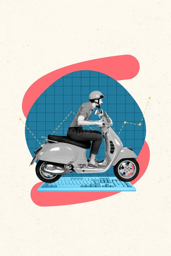 Афиша вертикальный фотоколлаж изумлённый человек ездить vespa мопед диск граф разработка беспроводная клавиатура стоковые изображения rf
