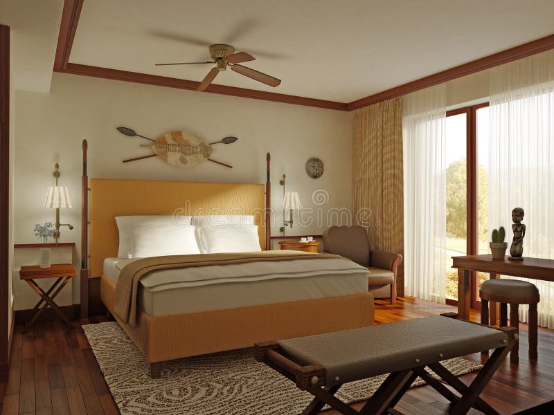 A sunlit African style bedroom with a queen size bed and a table. A sunlit African style bedroom with a queen size bed and a table.