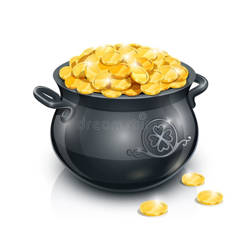 Pot with gold coin for Patrick's day. vector illustration on white background EPS10. Transparent objects and opacity masks used for shadows and lights drawing. Pot with gold coin for Patrick's day. vector illustration on white background EPS10. Transparent objects and opacity masks used for shadows and lights drawing