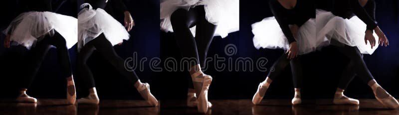 Ballerina in ballet legs in shoes and white tutu dancing dance steps sequence. Ballerina in ballet legs in shoes and white tutu dancing dance steps sequence