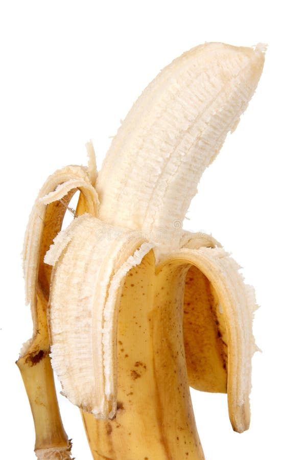 A banana with its peel pulled back. A banana with its peel pulled back