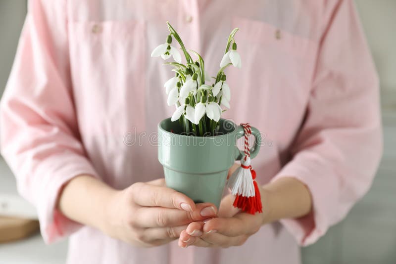 Банк «женщины с красивыми snowdrops и традиционным мэрцишор крупным планом в помещении. Символ первого весеннего дня стоковое изображение
