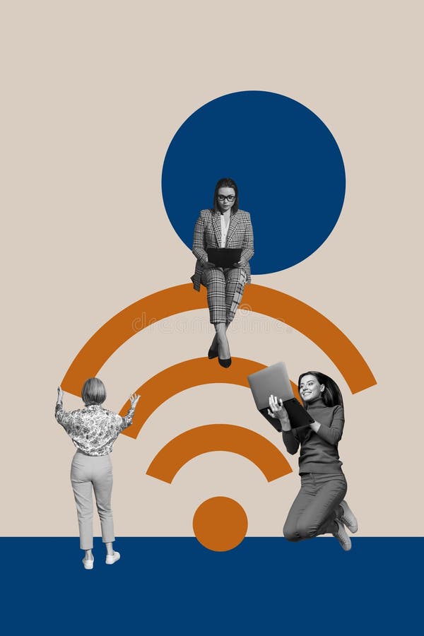 Баннер вертикальный 3d коллаж плакат счастливых партнеров бизнес стенд wifi волны иконка быстрый 5g сеть бесплатная иллюстрация