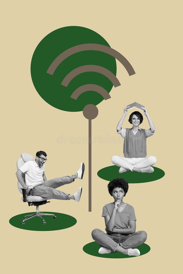 Баннер вертикальный 3d коллаж плакат счастливых партнеров бизнес стенд wifi волны иконка быстрый 5g сеть иллюстрация штока