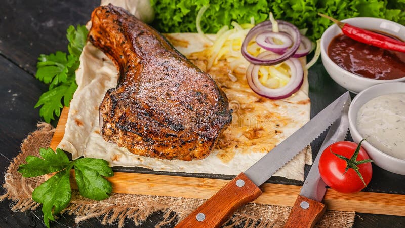 Баннер еды. Поясница свинины. Зажаренный стейк мяса. Натюрморт еды стоковая фотография