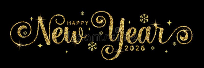 Баннер золотого текстового клипа Happy new year 2026. Новогоднее поздравление сверкает каллиграфическим клипом в элегантном черном иллюстрация штока