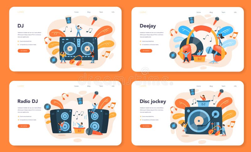 Баннер сети dj или посадочные набор страниц. Положение человека на turntable иллюстрация штока