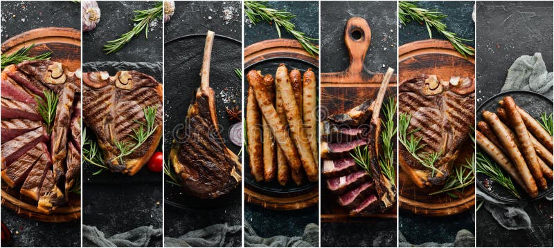 Баннер фотографии Коллаж, барбекю, стейки и мясо на гриле стоковое изображение