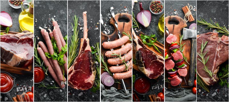 Баннер фотографии Коллаж, барбекю, сырые стейки и мясо. На фоне черной каменной стоковое фото rf