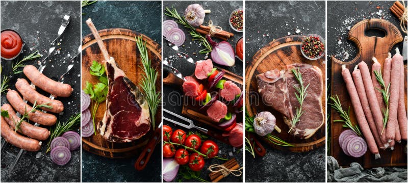 Баннер фотографии Коллаж, барбекю, сырые стейки и мясо. стоковые фотографии rf