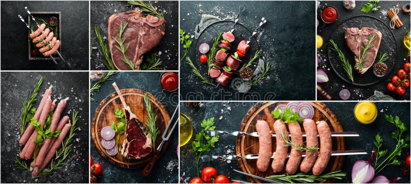 Баннер фотографии Коллаж, барбекю, сырые стейки и мясо. стоковая фотография