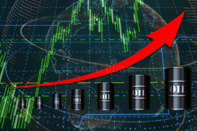 Barrels of oil, The concept of rising oil prices. The arrow of oil indicates the price. Business concept. Mixed media. Barrels of oil, The concept of rising oil prices. The arrow of oil indicates the price. Business concept. Mixed media.