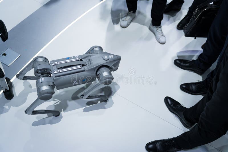 Барселона Испания 4 марта 2025 : На выставке Mobile World Congress 2025 MWC роботизированная собака общается с людьми стоковое изображение rf
