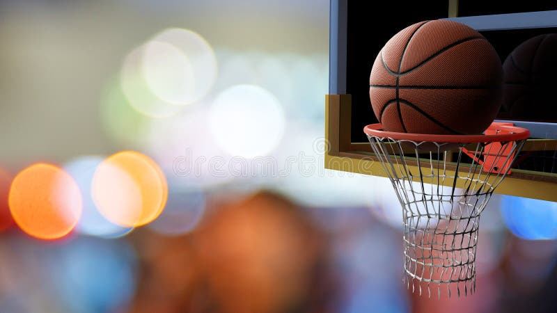 Баскетбол идя в обруч на красивом bokeh красочного stadiu стоковое фото Баскетбол идя в обруч на красивом bokeh красочного stadiu стоковое фото