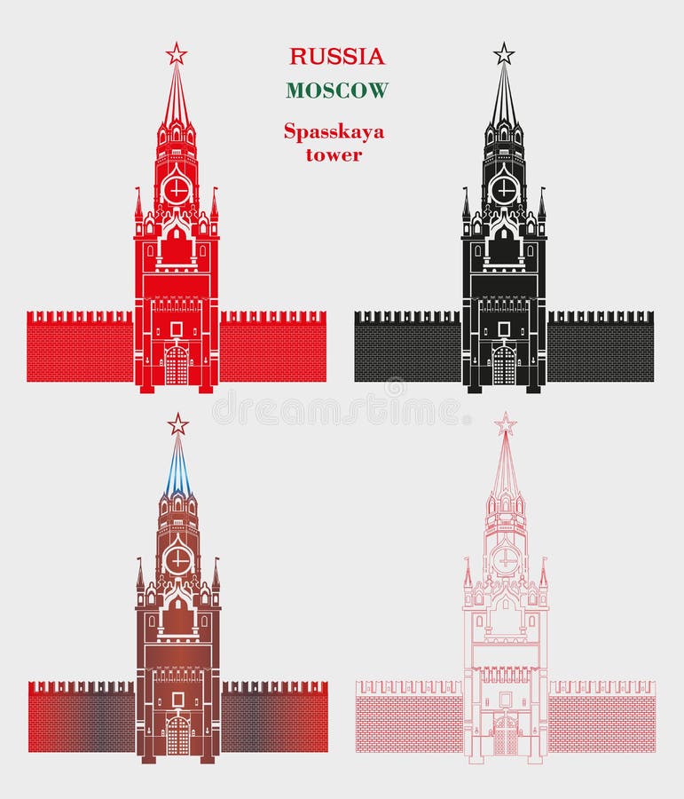 Set in four colors red, black , colorful, white colors of Spasskaya tower of the Moscow Kremlin on gray background. Set in four colors red, black , colorful, white colors of Spasskaya tower of the Moscow Kremlin on gray background