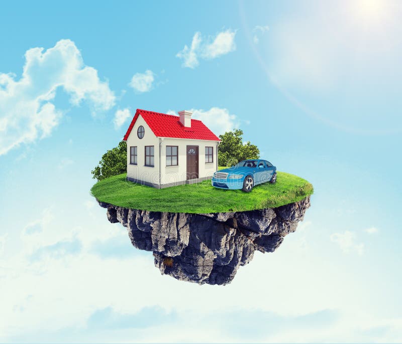 White house with car on island in sky with clouds. White house with car on island in sky with clouds