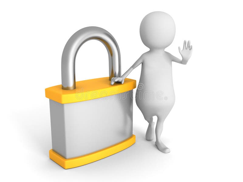 Белый человек 3d с оранжевым padlock белизна обеспеченностью предпосылки изолированная принципиальной схемой. Белый человек 3d с оранжевым padlock концепция 3d безопасностью представляет иллюстрацию