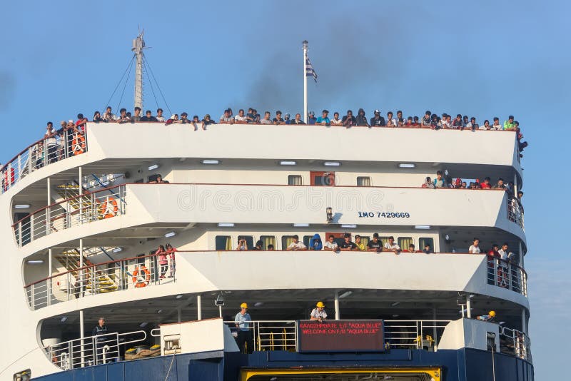 Thessaloniki, Greece â€“ Sept 3, 2019: Refugees and migrants disembark to the port of Thessaloniki after being transfered from the refugee camp of Moria, Lesvos island. Thessaloniki, Greece â€“ Sept 3, 2019: Refugees and migrants disembark to the port of Thessaloniki after being transfered from the refugee camp of Moria, Lesvos island