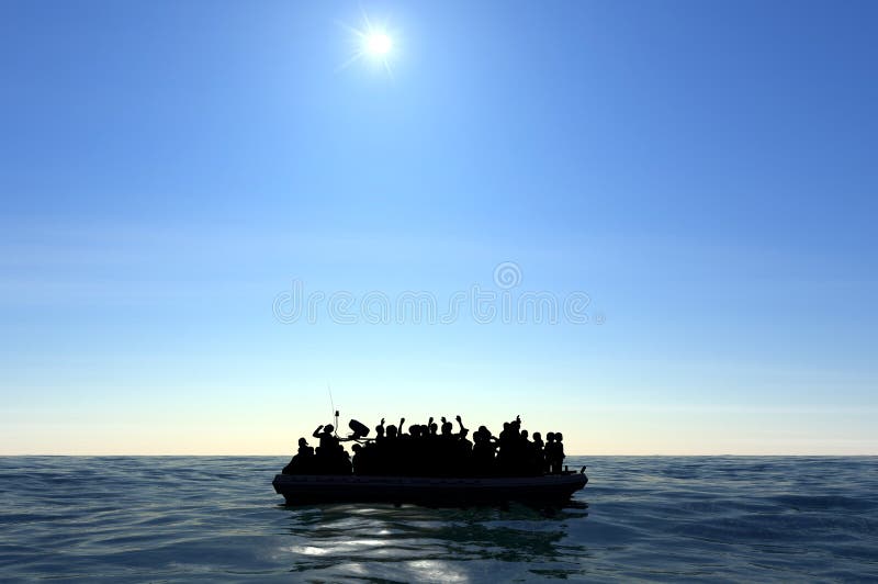 Refugees on a big rubber boat in the middle of the sea that require help. Sea with people in the water asking for help. Migrants crossing the sea. Refugees on a big rubber boat in the middle of the sea that require help. Sea with people in the water asking for help. Migrants crossing the sea