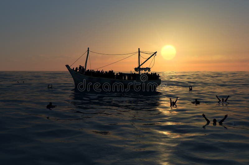 Refugees on a big boat in the middle of the sea that require help. Sea with people in the water asking for help. Migrants crossing the sea. Refugees on a big boat in the middle of the sea that require help. Sea with people in the water asking for help. Migrants crossing the sea