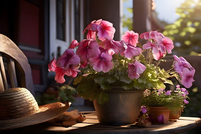 безмятежная сцена с розовыми герани фиолетовый petunias кресло-качалка и соломенная шляпа в солнечном свете иллюстрация штока