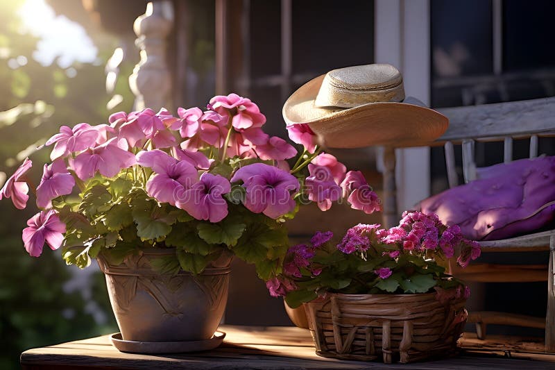 безмятежная сцена с розовыми герани фиолетовый petunias кресло-качалка и соломенная шляпа в солнечном свете иллюстрация вектора