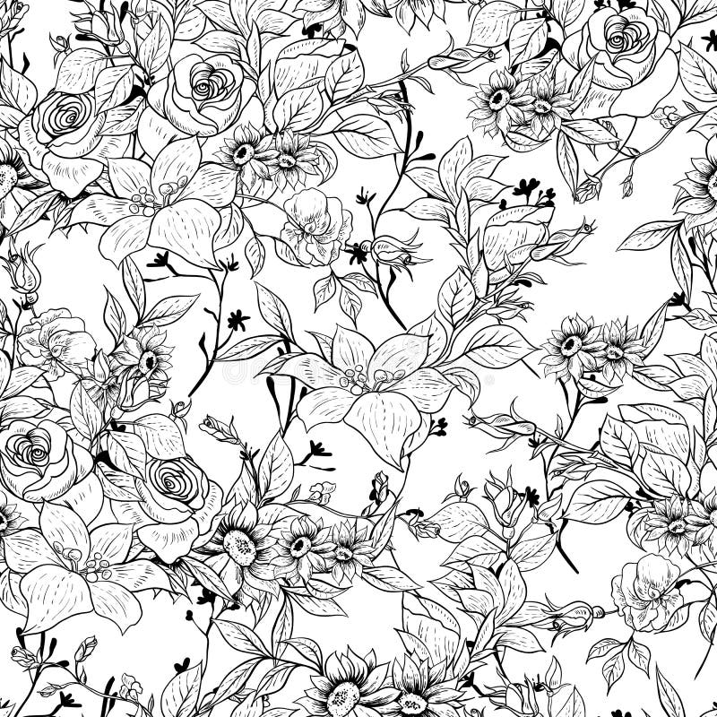 Безшовная monochrome флористическая предпосылка с розами иллюстрация вектора