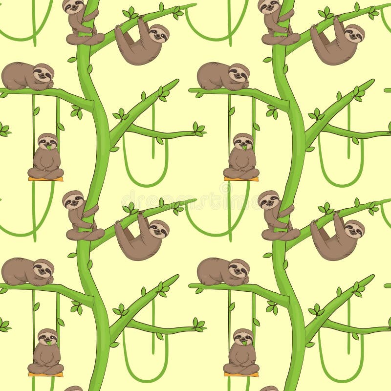 Seamless pattern with cute sloth animals hanging and resting on tropical trees. Endless nature cartoon background for gift wraps, fabric and design. Seamless pattern with cute sloth animals hanging and resting on tropical trees. Endless nature cartoon background for gift wraps, fabric and design.