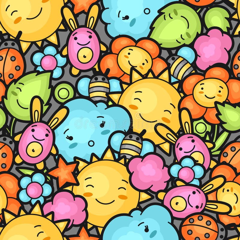 Безшовная картина ребенка kawaii с милыми doodles Собрание весны жизнерадостных персонажей из мультфильма солнца, облака, цветка бесплатная иллюстрация
