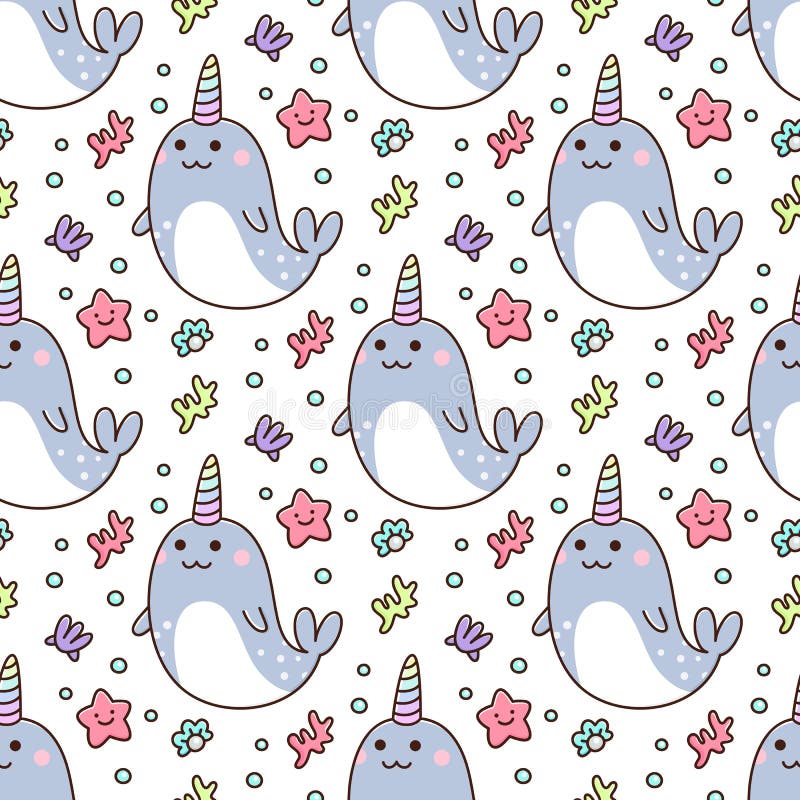 Безшовная картина с narwhal и морскими звёздами, жемчуг, раковины, коралл иллюстрация штока