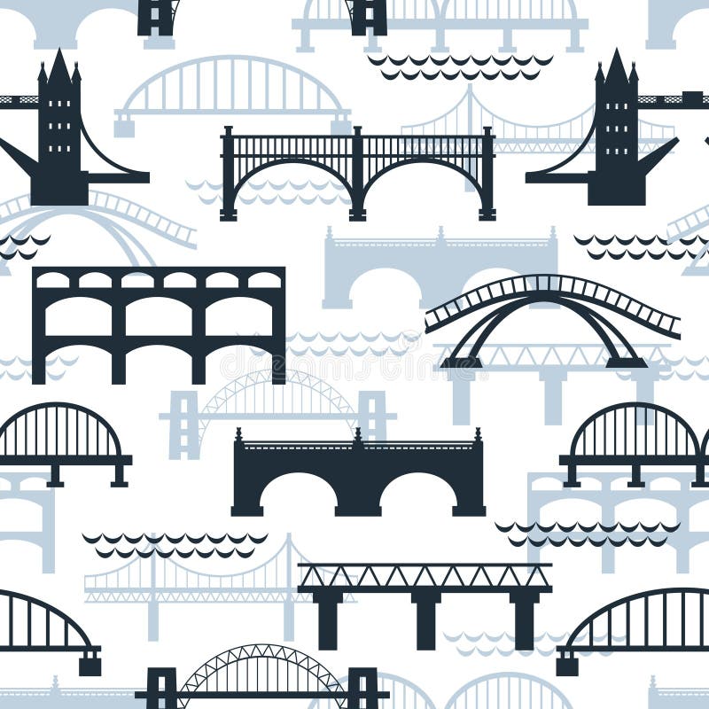 Seamless background pattern of bridge silhouettes in various designs including well-known landmarks in a travel concept vector illustration. Seamless background pattern of bridge silhouettes in various designs including well-known landmarks in a travel concept vector illustration