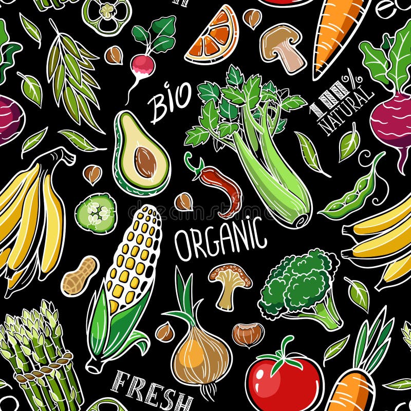 Безшовная картина со здоровыми натуральными продуктами vegan как овощи, плоды, грибы, хлопья иллюстрация штока Безшовная картина со здоровыми натуральными продуктами vegan как овощи, плоды, грибы, хлопья иллюстрация штока