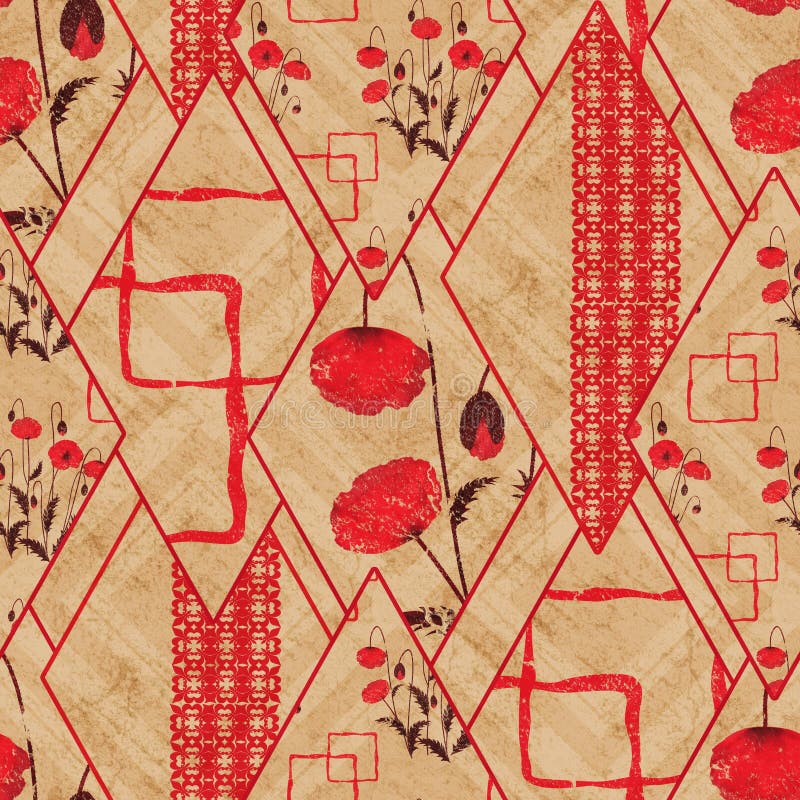 Безшовное абстрактное геометрическое, цветочный узор Красная, бежевая предпосылка заплатка иллюстрация вектора Безшовное абстрактное геометрическое, цветочный узор Красная, бежевая предпосылка заплатка иллюстрация вектора