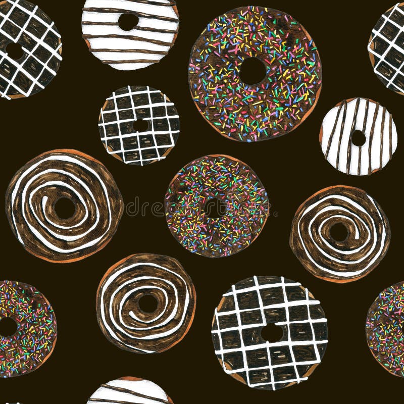Безшовные Donuts для упаковки, ткань шоколада картины печати Изображение акварели нарисованное рукой совершенное в случаи констру иллюстрация вектора Безшовные Donuts для упаковки, ткань шоколада картины печати Изображение акварели нарисованное рукой совершенное в случаи констру иллюстрация вектора