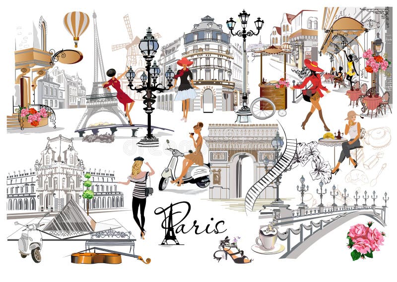 Set of Paris illustrations with fashion girls, cafes and musicians.