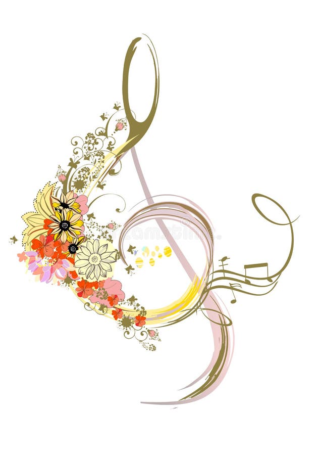 Abstract nature treble clef decorated with summer and spring flowers, notes, birds.