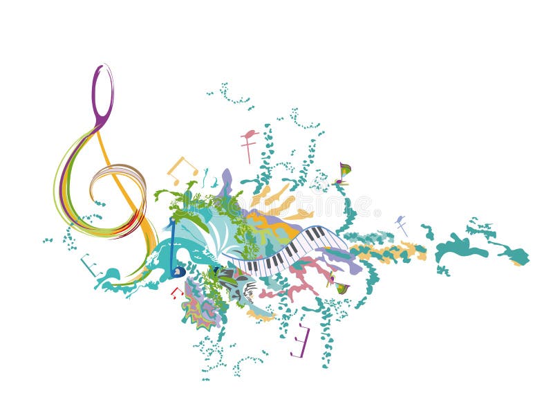 Abstract musical design with a treble clef and colorful splashes, notes and waves.  Colorful treble clef.