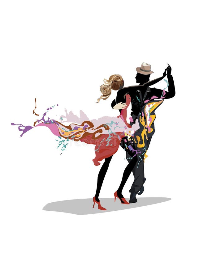 Abstract dancing couple decorated with splashes, waves, notes. Hand drawn vector illustration  for t shirts, covers,  wallpaper, g