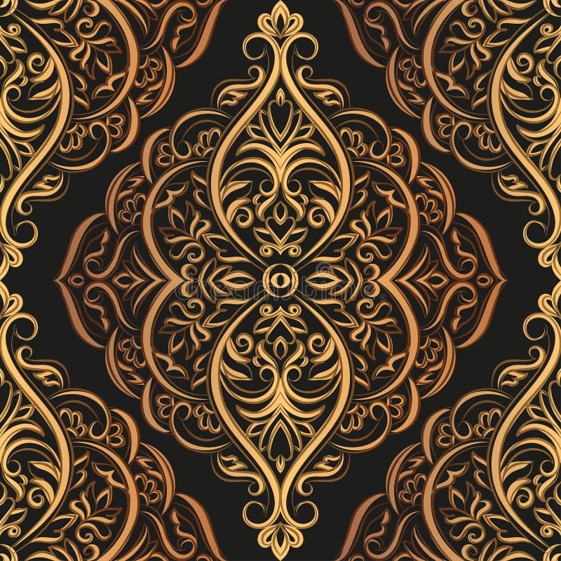 Gold and Black Damask Vector Seamless Pattern. Vintage, Paisley