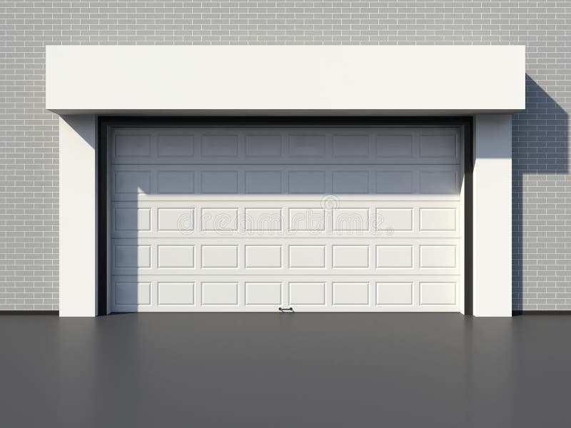 Modern white garage door on white brick wall. Modern white garage door on white brick wall