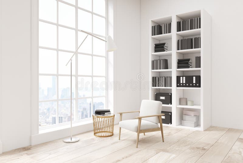Белая живущая комната с bookcase, взгляд со стороны бесплатная иллюстрация