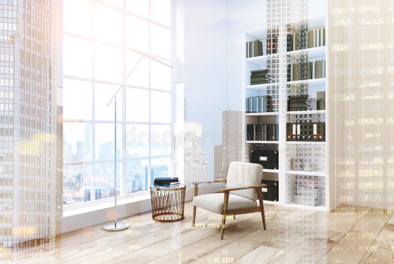 Белая живущая комната с bookcase, тонизированный взгляд со стороны бесплатная иллюстрация