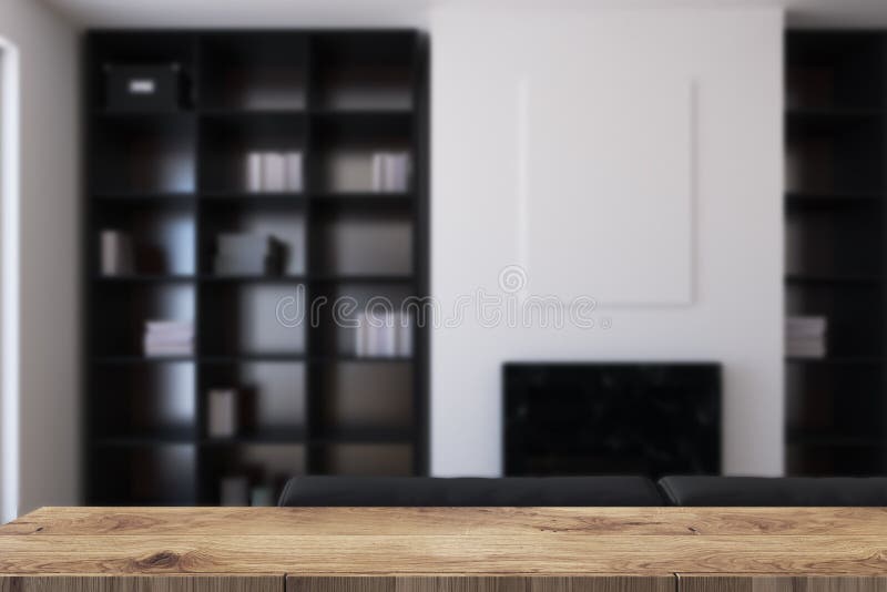 Белая живущей нерезкость комнаты, камина и bookcases иллюстрация вектора