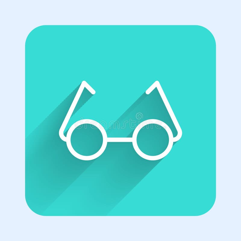 Белая линия значок очков в изоляции с тенью. Символ eyeglass рамки. Зеленая квадратная кнопка. Иллюстрация вектора иллюстрация штока