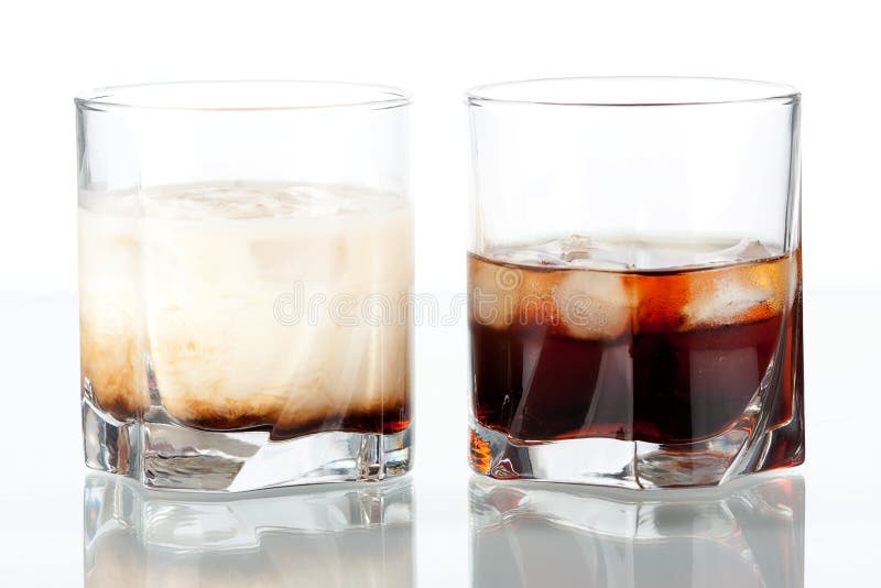 Black russian and white russian cocktails. Ingredients for black: 5 oz vodka, 2 oz kahlua. Ingredients for white: 2 oz vodka, 1 oz kahlua, 1 oz milk. Black russian and white russian cocktails. Ingredients for black: 5 oz vodka, 2 oz kahlua. Ingredients for white: 2 oz vodka, 1 oz kahlua, 1 oz milk