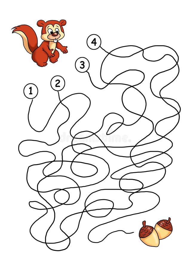 Digital illustration of a game for children. You help the squirrel to find the correct road to reach the acorns. Digital illustration of a game for children. You help the squirrel to find the correct road to reach the acorns